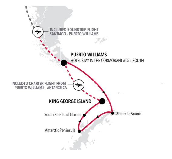 Puerto Williams to King George Island Expedition cruise Voyage Number #WI270301009 on Silversea, Silverwind. Itinerary map